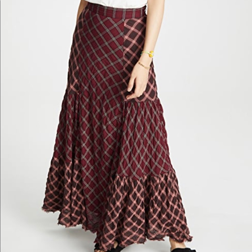 Free People Burgundy and Blush Checked Maxi Skirt